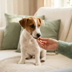 Un cucciolo di Jack Russell riceve un biscottino, un gesto d'affetto che fa parte della cura per **sverminare cane** e mantenerlo sano e felice.