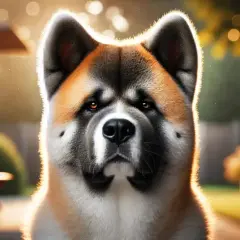 Un Akita Americano dallo sguardo intenso, con il suo tipico carattere fiero e leale, illumina il giardino al tramonto.