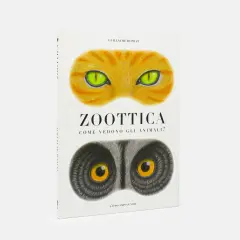 Copertina libro "Zoottica" con occhi di gatto e lemure, esplora la vista animali.