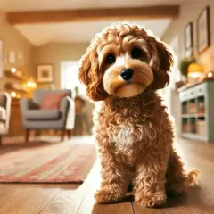 Dolce cane cockapoo seduto su un pavimento di legno in un soggiorno accogliente, con mobili sfocati sullo sfondo.