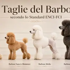 Quattro barboni di diverse taglie: Toy, Nano, Medio e Grande Mole. Il barbone medio bianco è elegante.