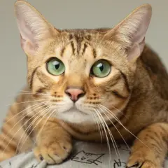 Un magnifico gatto Serengeti con occhi verdi smeraldo, posato su una spalla, con il suo manto maculato che si fonde con lo sfondo.