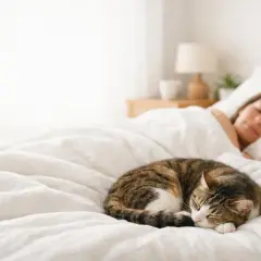 Un gatto tigrato dorme beatamente sul letto, mentre la sua umana riposa. Non far dormire il gatto sul letto, dice la regola, ma chi può resistere a tanta dolcezza?