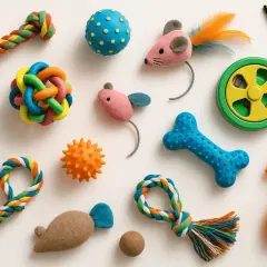 Varietà di giochi da cuccioli colorati: corde, palline, pesci, ossa e topolini in feltro, pronti per il divertimento.