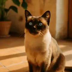 Gatto siamese con occhi blu intensi, un esempio di eleganti razze di gatti, seduto su un pavimento piastrellato illuminato dal sole.