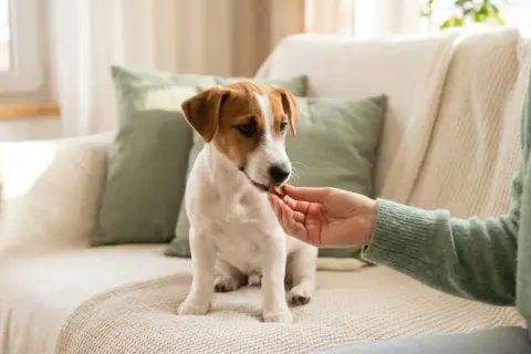 Un cucciolo di Jack Russell riceve un biscottino, un gesto d'affetto che fa parte della cura per **sverminare cane** e mantenerlo sano e felice.