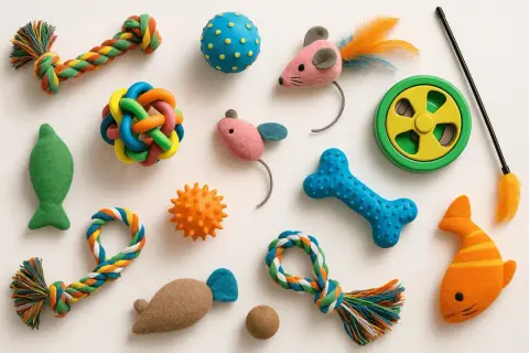 Varietà di giochi da cuccioli colorati: corde, palline, pesci, ossa e topolini in feltro, pronti per il divertimento.