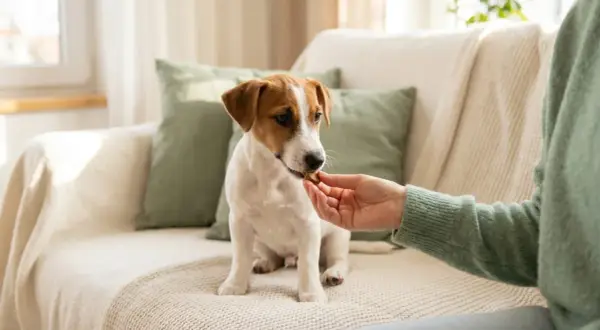 Un cucciolo di Jack Russell riceve un biscottino, un gesto d'affetto che fa parte della cura per **sverminare cane** e mantenerlo sano e felice.