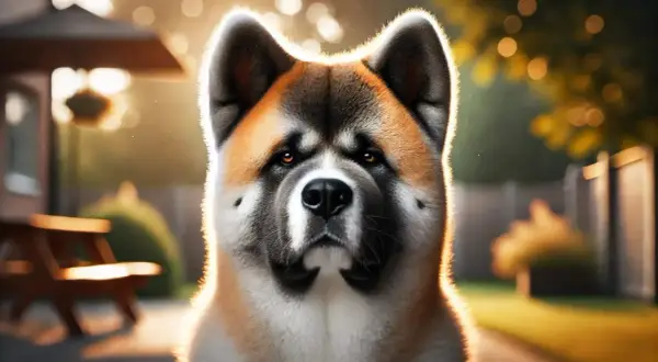 Un Akita Americano dallo sguardo intenso, con il suo tipico carattere fiero e leale, illumina il giardino al tramonto.