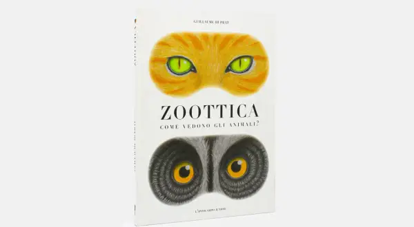 Copertina libro "Zoottica" con occhi di gatto e lemure, esplora la vista animali.