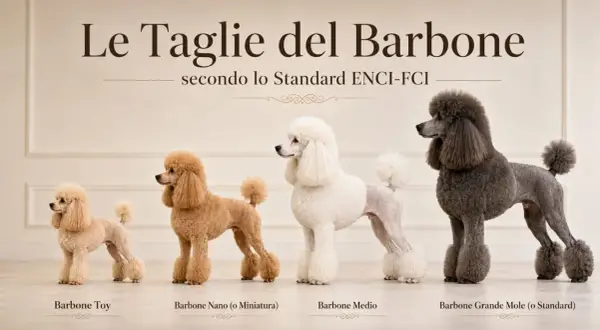 Quattro barboni di diverse taglie: Toy, Nano, Medio e Grande Mole. Il barbone medio bianco è elegante.