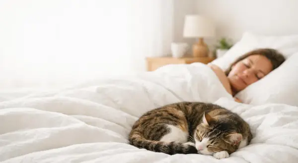 Un gatto tigrato dorme beatamente sul letto, mentre la sua umana riposa. Non far dormire il gatto sul letto, dice la regola, ma chi può resistere a tanta dolcezza?