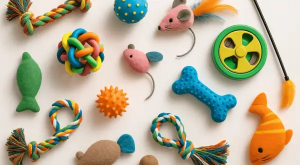 Varietà di giochi da cuccioli colorati: corde, palline, pesci, ossa e topolini in feltro, pronti per il divertimento.