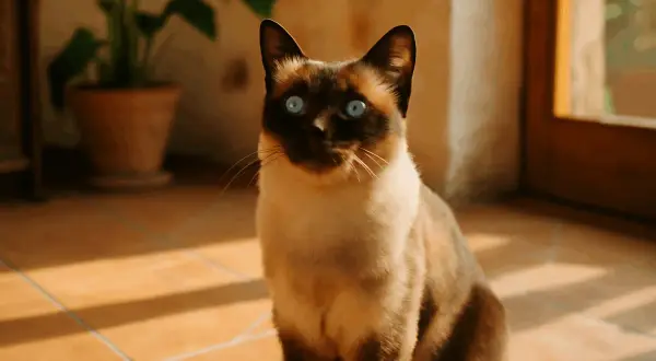 Gatto siamese con occhi blu intensi, un esempio di eleganti razze di gatti, seduto su un pavimento piastrellato illuminato dal sole.