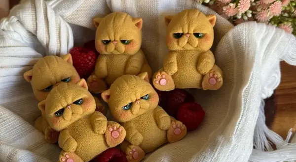 Dolci gatti pallas, con espressioni buffe e zampine rosa, riposano in un cesto tra lamponi rossi e fiori rosa.