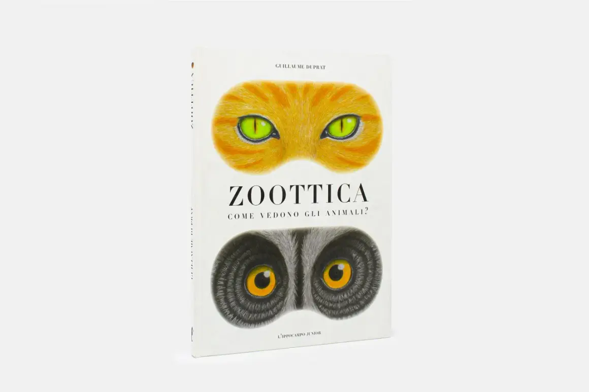 Copertina libro "Zoottica" con occhi di gatto e lemure, esplora la vista animali.