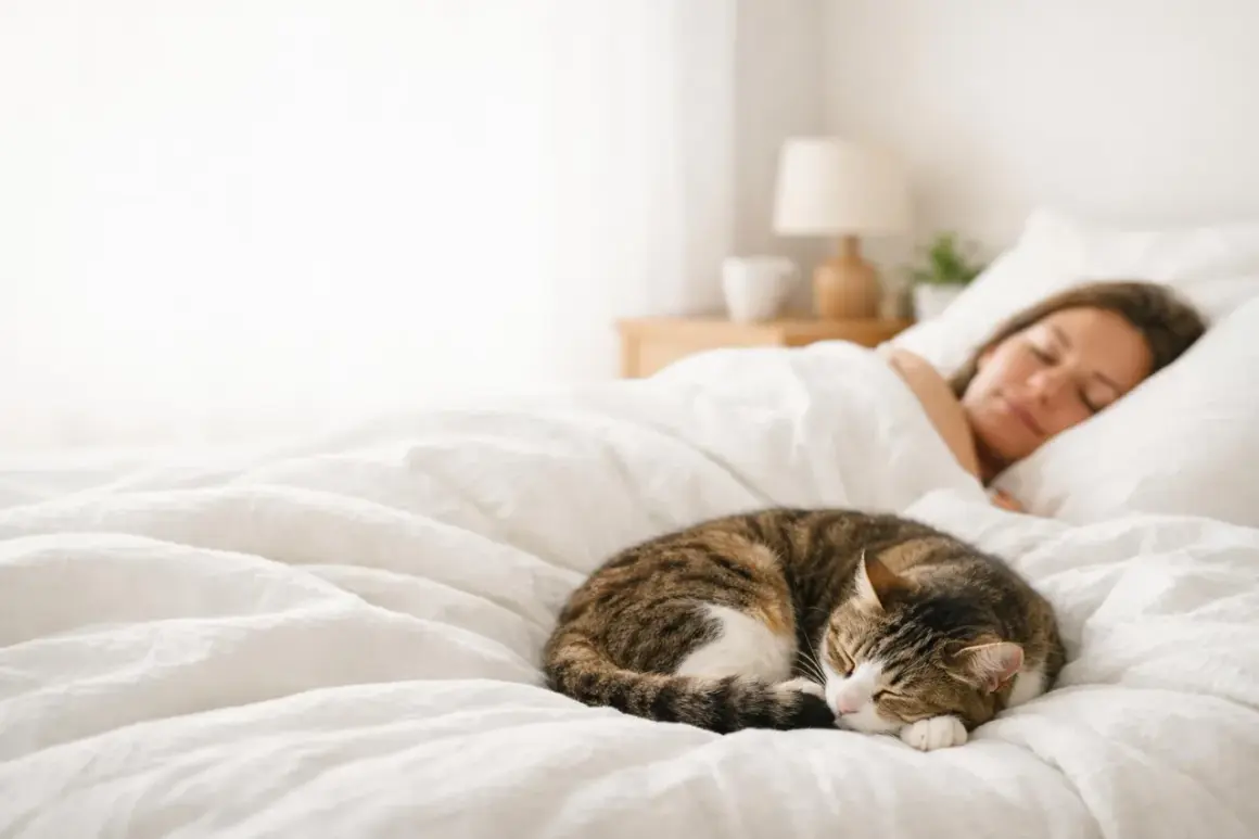 Un gatto tigrato dorme beatamente sul letto, mentre la sua umana riposa. Non far dormire il gatto sul letto, dice la regola, ma chi può resistere a tanta dolcezza?