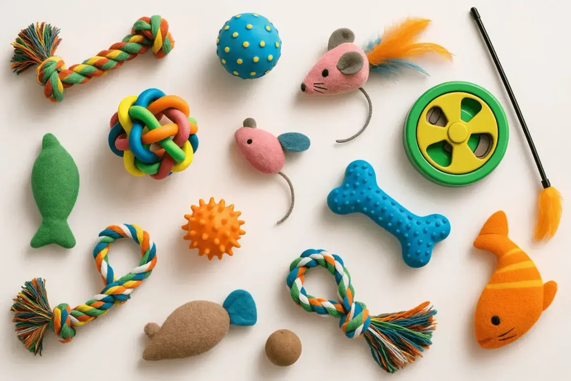 Varietà di giochi da cuccioli colorati: corde, palline, pesci, ossa e topolini in feltro, pronti per il divertimento.