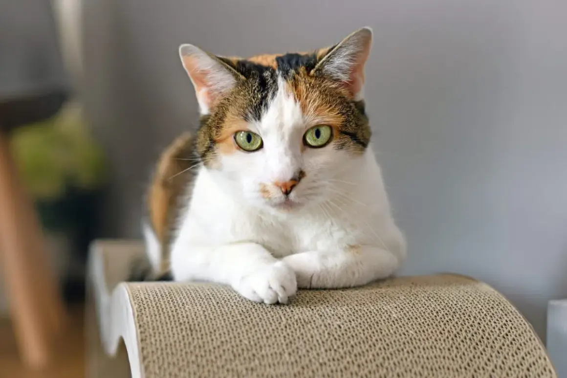 Un adorabile gatto calico con occhi verdi luminosi riposa su un tiragraffi.
