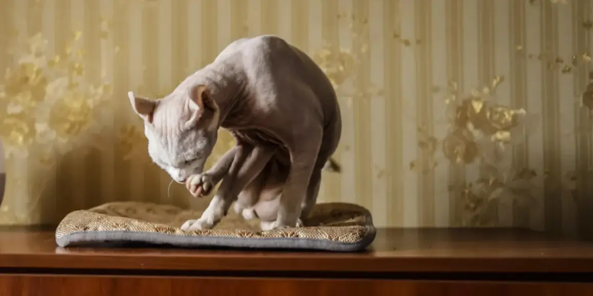 Un gatto senza pelo, un vero gatto che non perde pelo, si pulisce la zampa su un cuscino.
