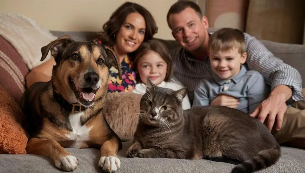 Una famiglia felice con cane e gatto, quattro zampe in famiglia che rendono ogni giorno speciale.