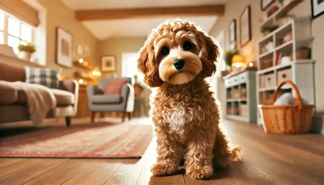 Un adorabile cane cockapoo seduto su un pavimento di legno in un soggiorno accogliente.