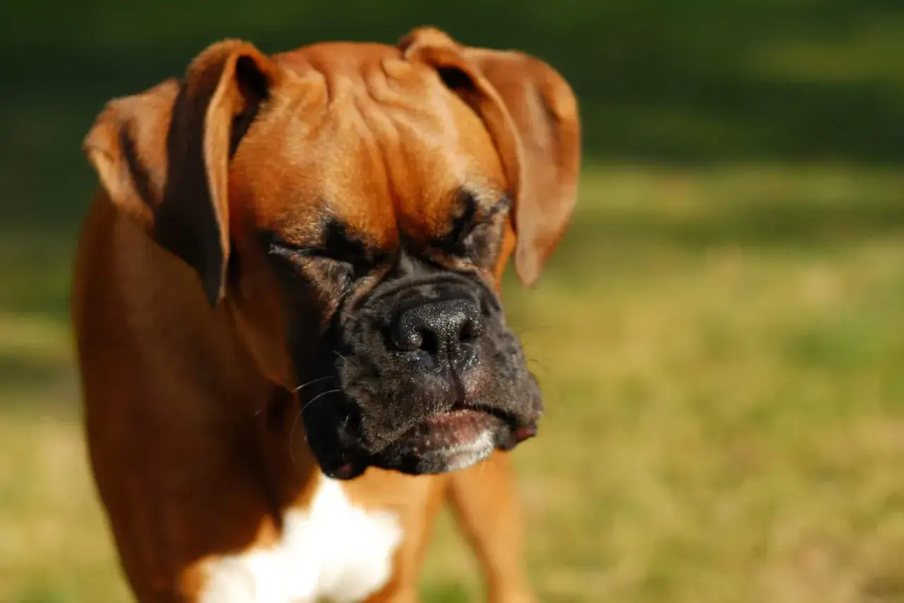 Boxer con gli occhi chiusi, forse un leggero raffreddore cane, con il muso umido e le rughe sulla fronte.