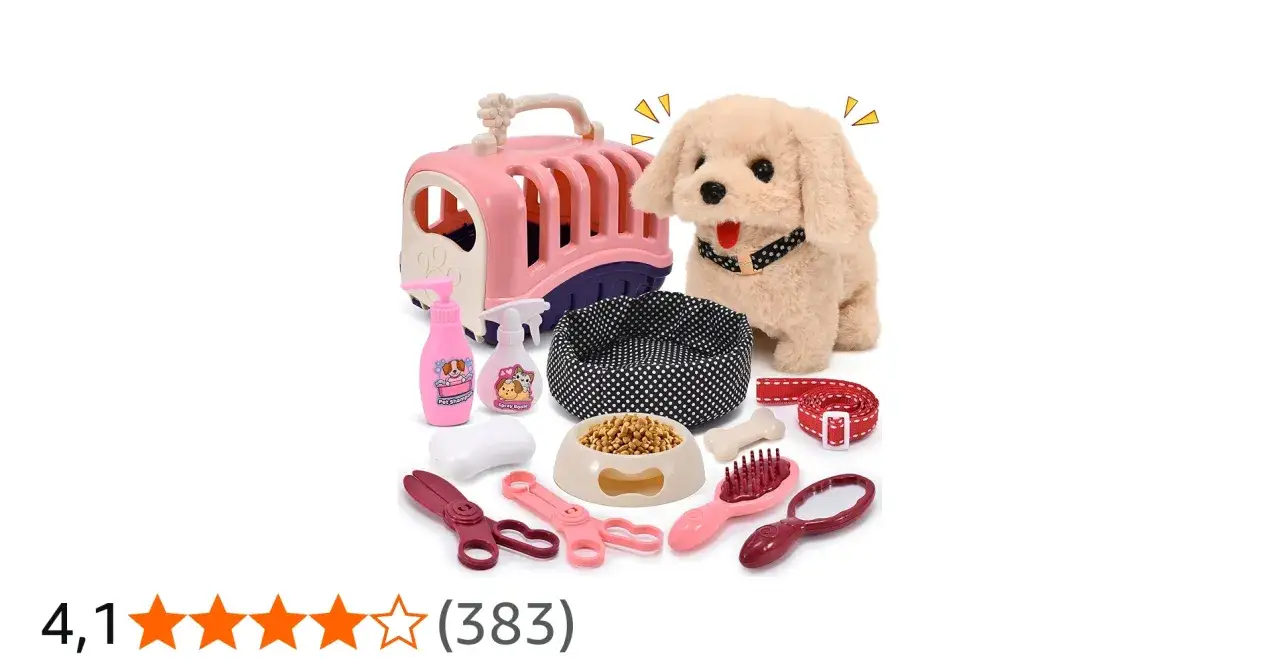 Set di giochi da cuccioli con cagnolino, trasportino, ciotola, guinzaglio e accessori per la cura.