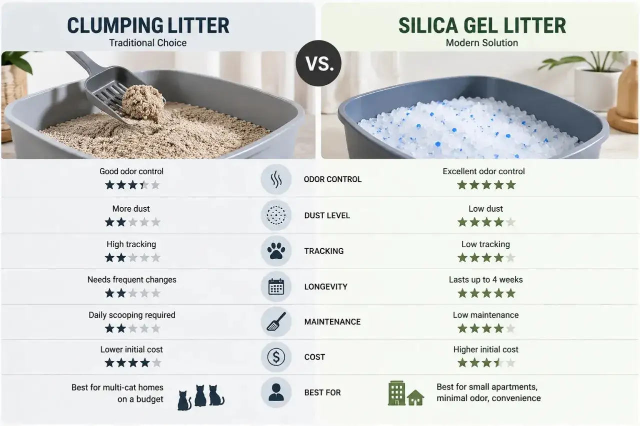 Confronto tra tipi di lettiera per gatti: agglomerante vs. gel di silice. Valutazione di controllo odori, polvere, tracciamento e manutenzione.
