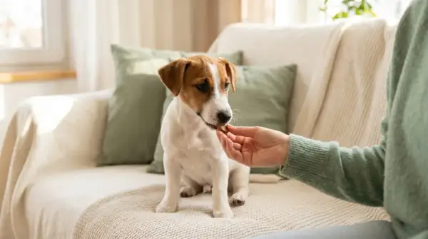 Un cucciolo di Jack Russell riceve un biscottino, un gesto d'affetto che fa parte della cura per **sverminare cane** e mantenerlo sano e felice.