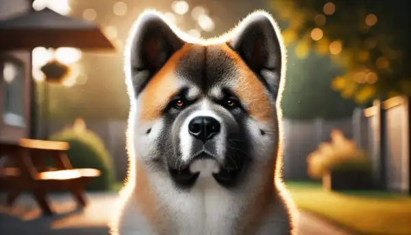 Un Akita Americano dallo sguardo intenso, con il suo tipico carattere fiero e leale, illumina il giardino al tramonto.