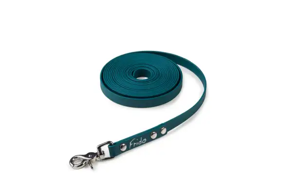 Una lunghina per cane in materiale resistente, arrotolata e con moschettone.