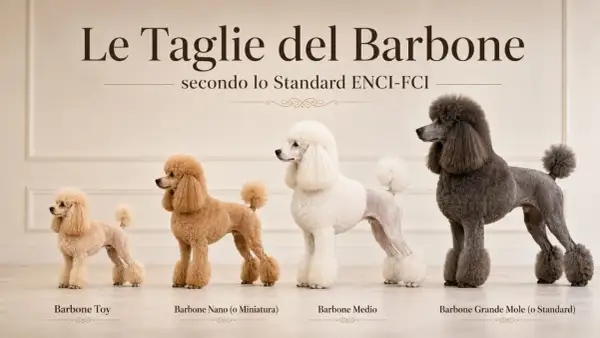 Quattro barboni di diverse taglie: Toy, Nano, Medio e Grande Mole. Il barbone medio bianco è elegante.
