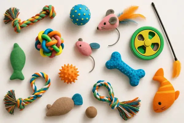 Varietà di giochi da cuccioli colorati: corde, palline, pesci, ossa e topolini in feltro, pronti per il divertimento.