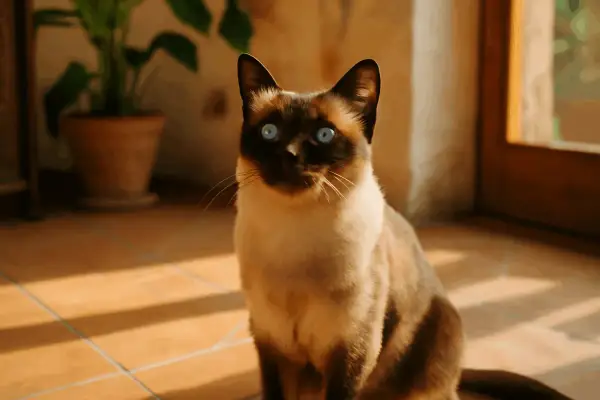 Gatto siamese con occhi blu intensi, un esempio di eleganti razze di gatti, seduto su un pavimento piastrellato illuminato dal sole.